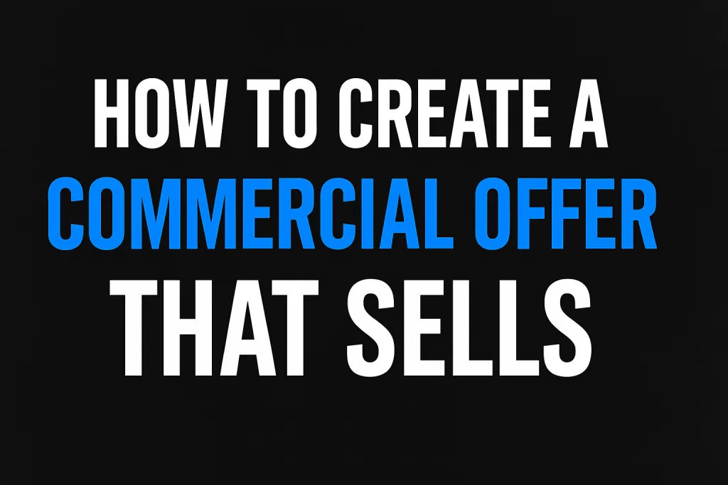 Modern dark-themed 2D graphic with bold typography saying “How to Create AI Commercial Offer That Sells” in white and blue text on a black background.