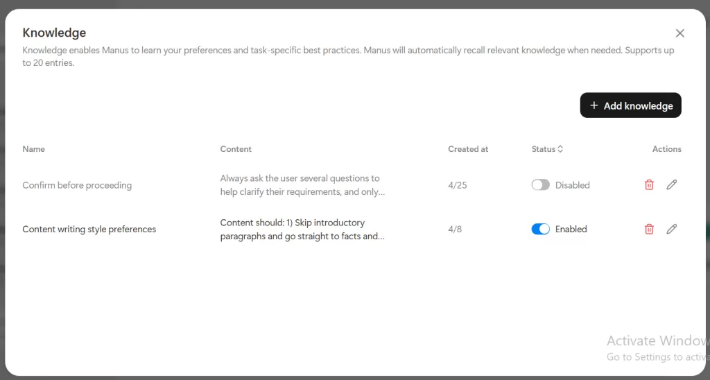 💡 Pro Tip: Avoid Credit Waste with Knowledge Settings with Manus AI