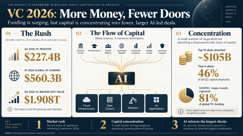 Infographic on venture capital in 2026: Q2 2026 VC invested $227.4 billion, H1 2026 global VC funding $560.3 billion, Q2 2026 VC-backed exit value $1.908 trillion, the top ten deals absorbed about $105 billion or 46% of Q2 capital, and $100M-plus mega-rounds captured 81% of global VC funding.